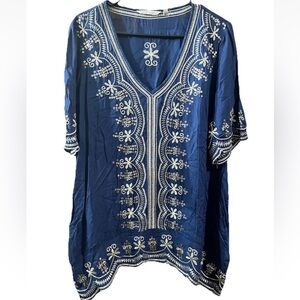 Soft Surroundings Tunic Top Blue Sequin Beaded Embroidered Boho PL Sheer Modal
